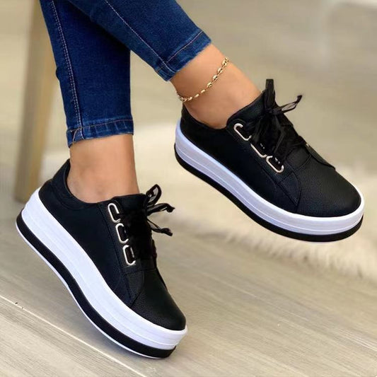 Zapatos de mujer con plataforma, cordones, punta redonda, estilo casual europeo y americano, talla grande. Ver tabla de tallas en "más detalles".