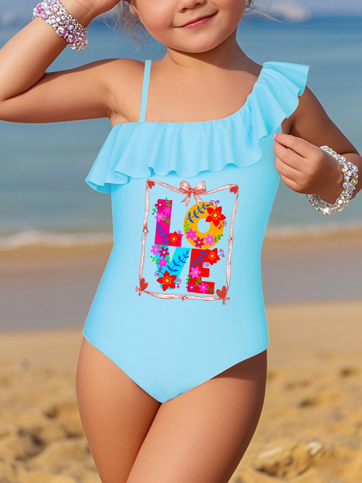 Girl's Floral LOVE Ruffled One-Piece Swimsuit (Front Printing)