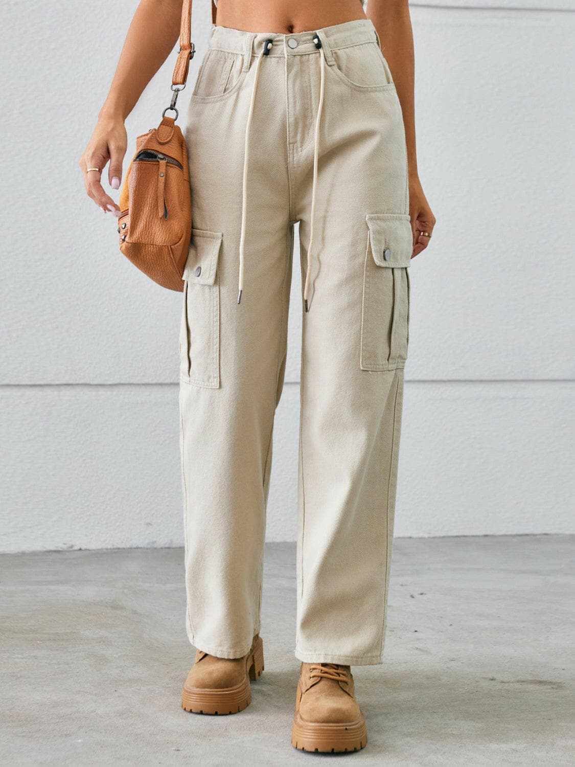 Trendsi Drawstring Cargo Jeans Women's Casual Mid-Rise Denim Pants - Premium Fit