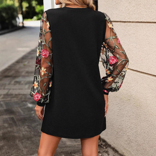 Black Round Neck Shear Floral Long Sleeve Short Dress for Women