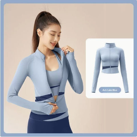 Womens Color-Block Stand-Neck Zipper Yoga Three-Piece Set