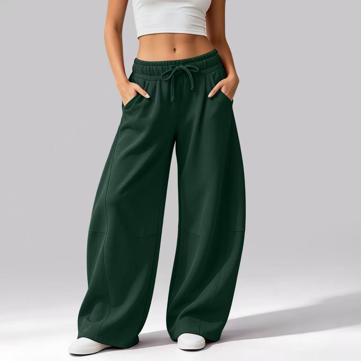 Women's Solid Color Casual Pocket Wide-Leg Pants, Fleece-Lined Drawstring Sweatpants