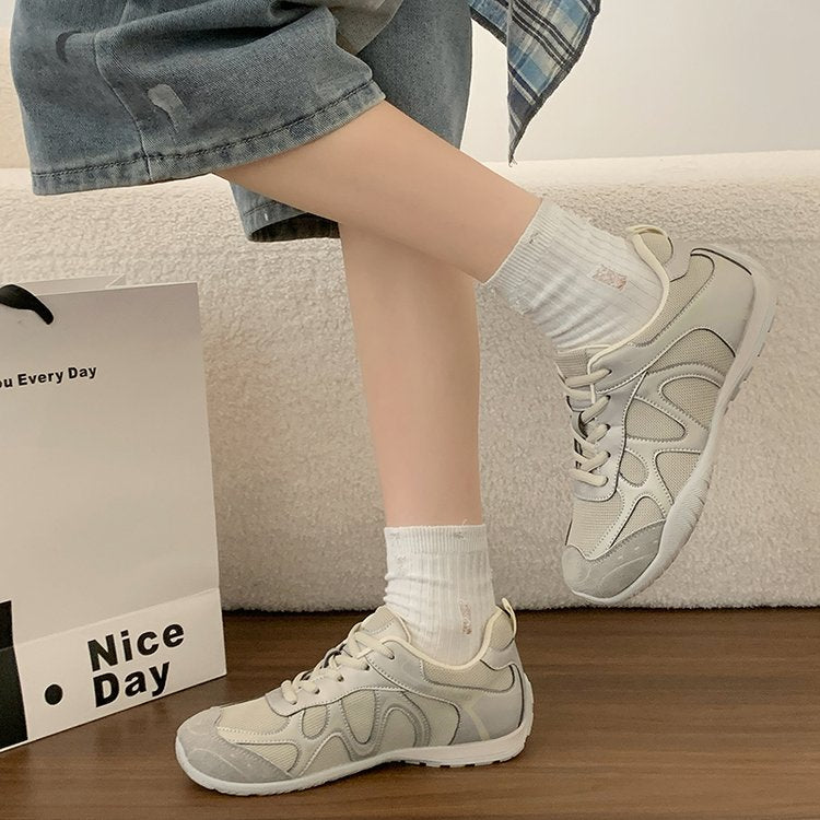 Women Curved Patchwork Mesh Retro Sneakers, Breathable Light Weight Lace Up Flat Sole Daily Walking Casual Trainers