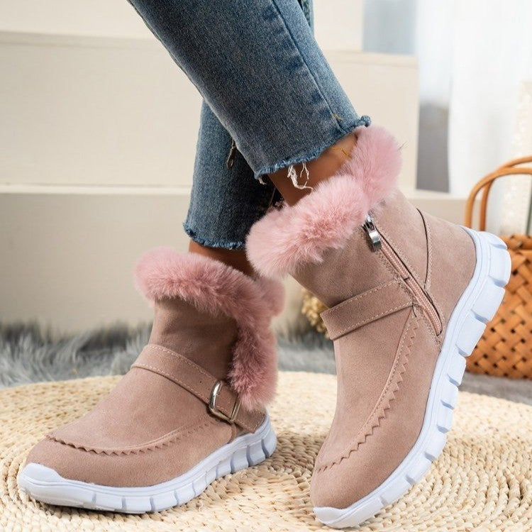 Botas de Nieve Nuevas Botines Gruesos Cálidos de Invierno de Color Sólido con Peluche y Diseño de Hebilla Zapatos Planos de Terciopelo para Mujer
