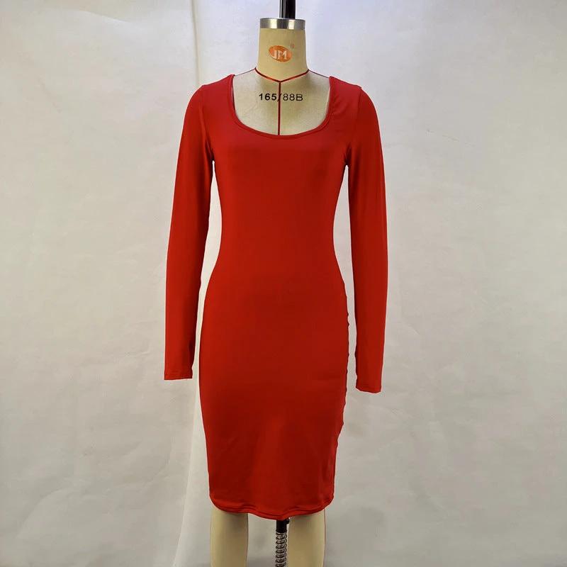Fashion Square Collar Long Sleeve Solid Color Waist Tight Slimming Sheath Dress