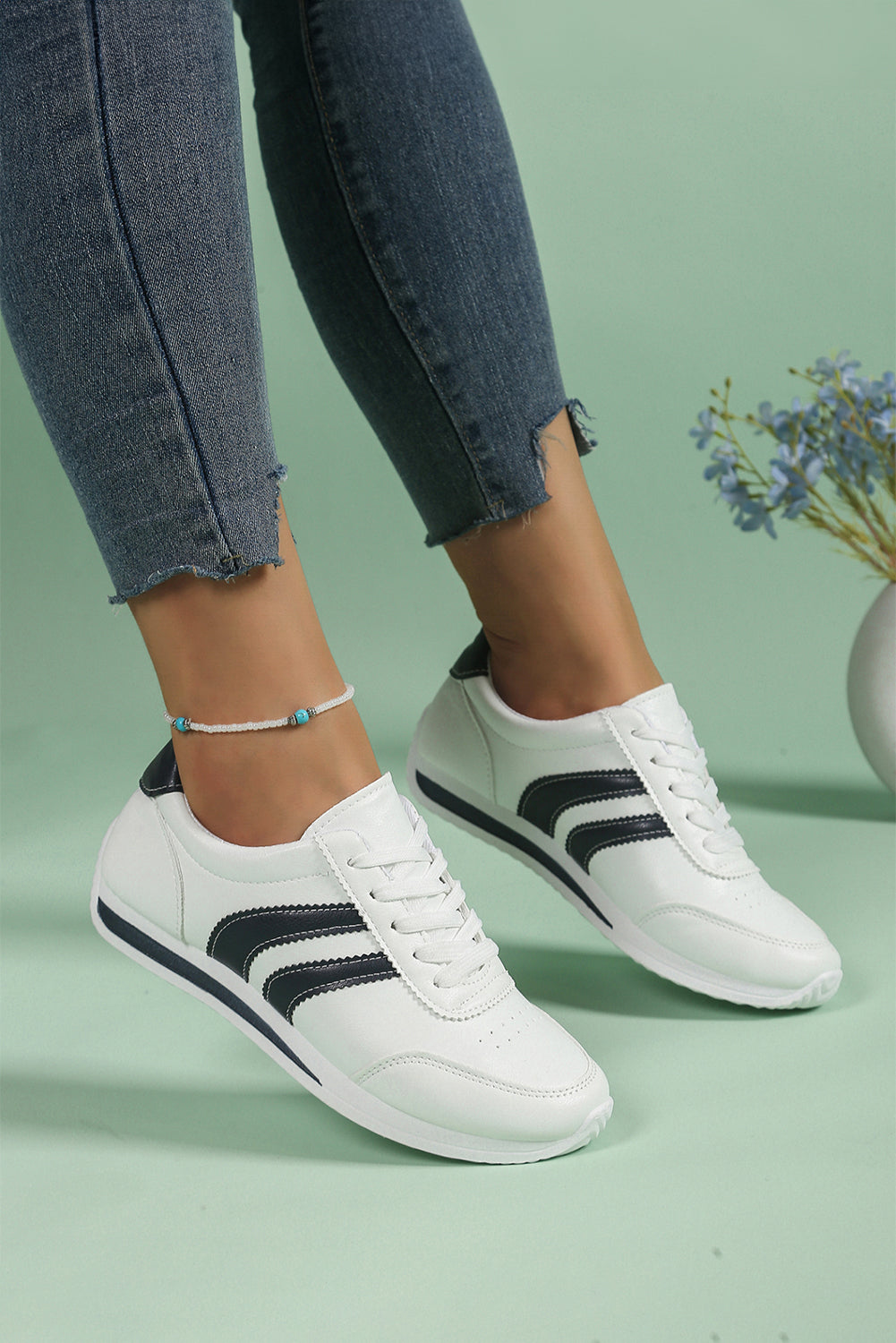 Zapatillas Deportivas Casuales de Cordones a Rayas de Cuero Sintético Blanco