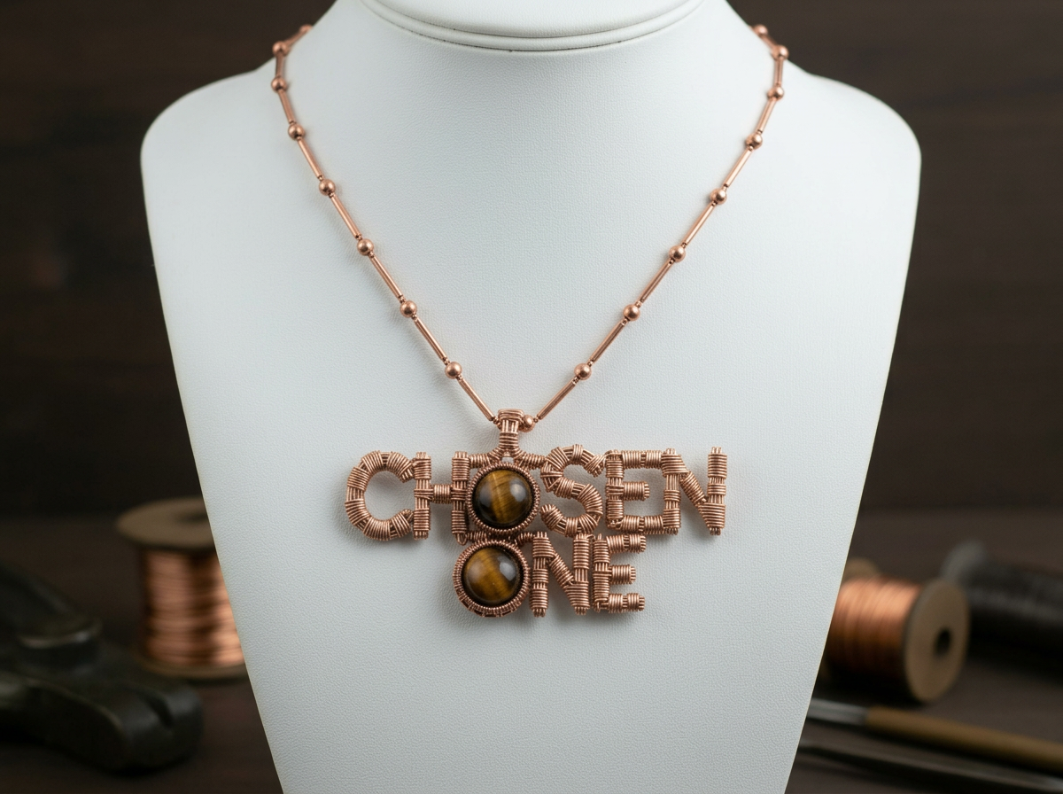 Custom copper wire wrapped chosen one statement necklace with tigers eye crystals