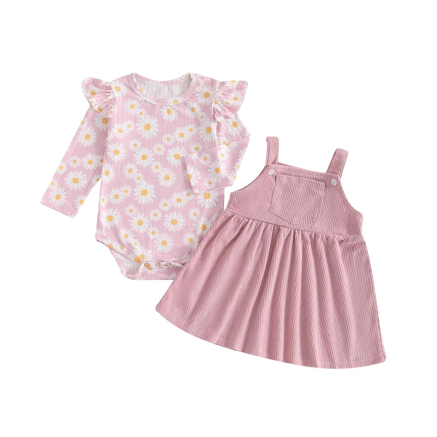 Hnyenmcko Newborn Baby Girl Fall Clothes Ruffle Long Sleeve Floral Ribbed Romper Suspender Skirts Set Infant Winter Outfit (D-Pink 6-9 Months) - # BAAA71710006