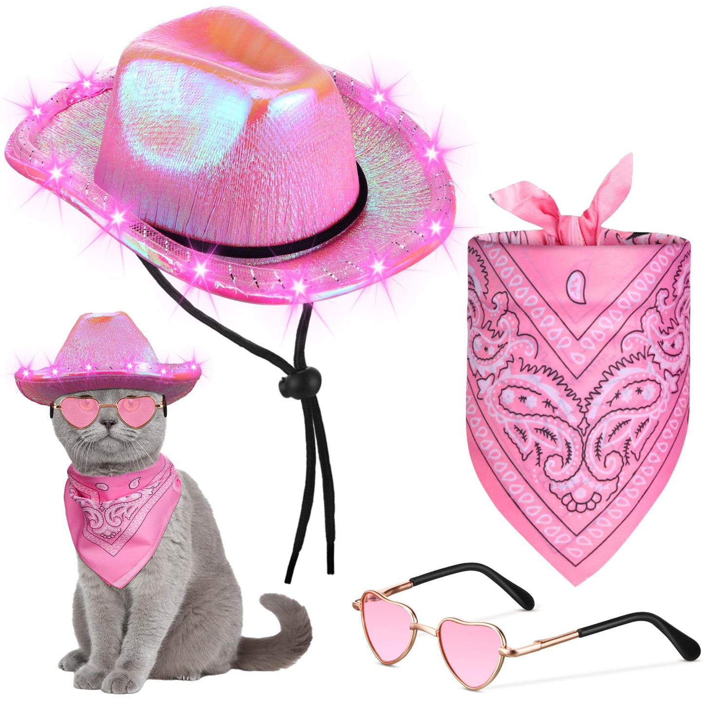Aliceset 3 Pcs Pet Cowboy Costume Cat Cowboy Accessories Set Neon Sparkly Dog Cowboy Hat Paisley Bandanna Collar and Sunglasses LED Light up Western Small Cat Dog Cowgirl Costume(Pink Shiny Shiny)