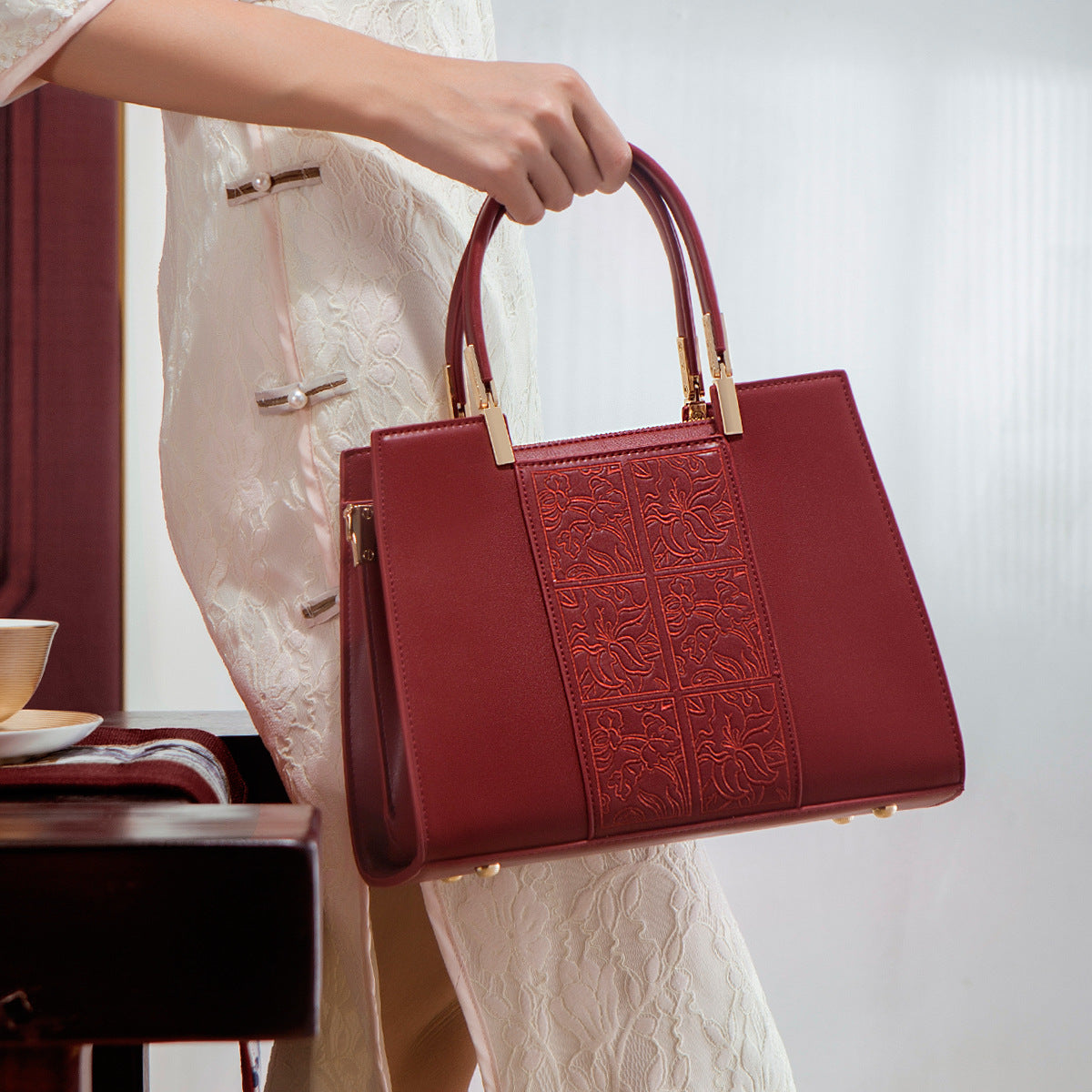 Women's Red Embroidered Handbag