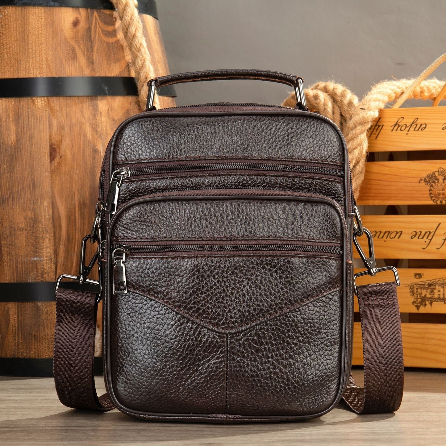 Men's Top Grain Leather Business Commuter Crossbody Bag