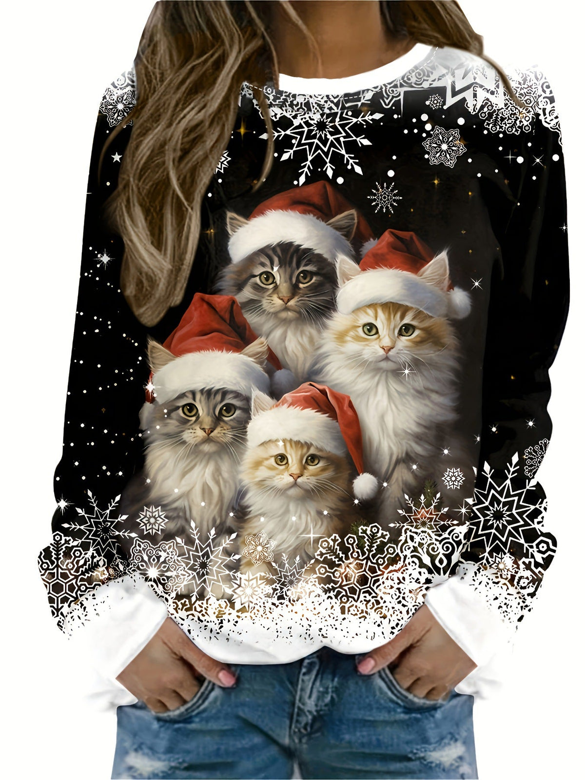 Christmas Themed Printed Women's Sweatshirt, Round Neck, Long Sleeves, Loose Casual Style, 3D Pattern, New Autumn And Winter Model