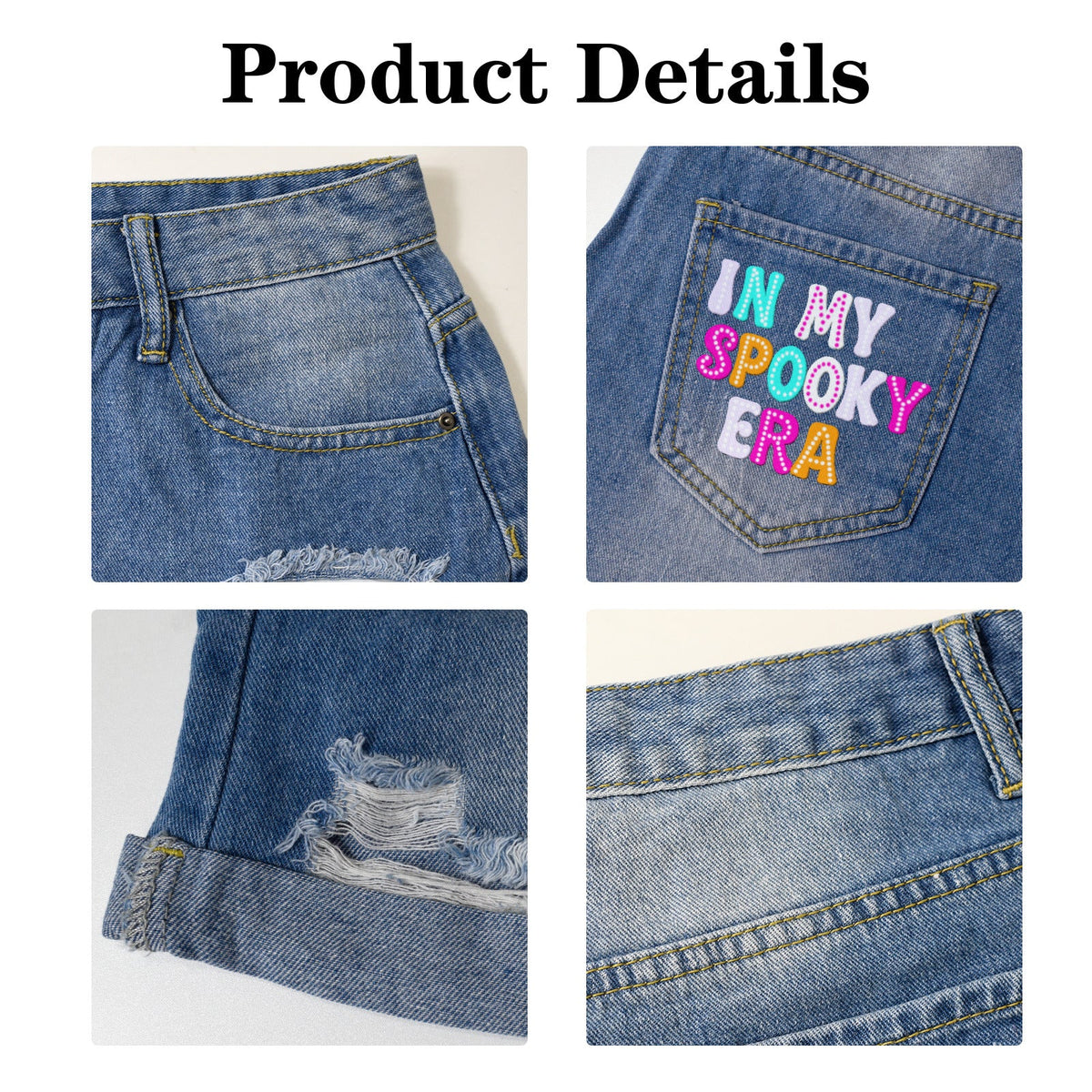 Retro Halloween Neon Ghost Light Blue Denim Shorts with Dual Pockets Design