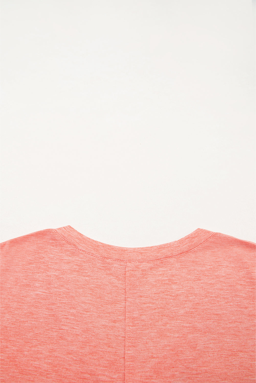 Top de manga larga con cuello de pico y parches florales de salmón fresco