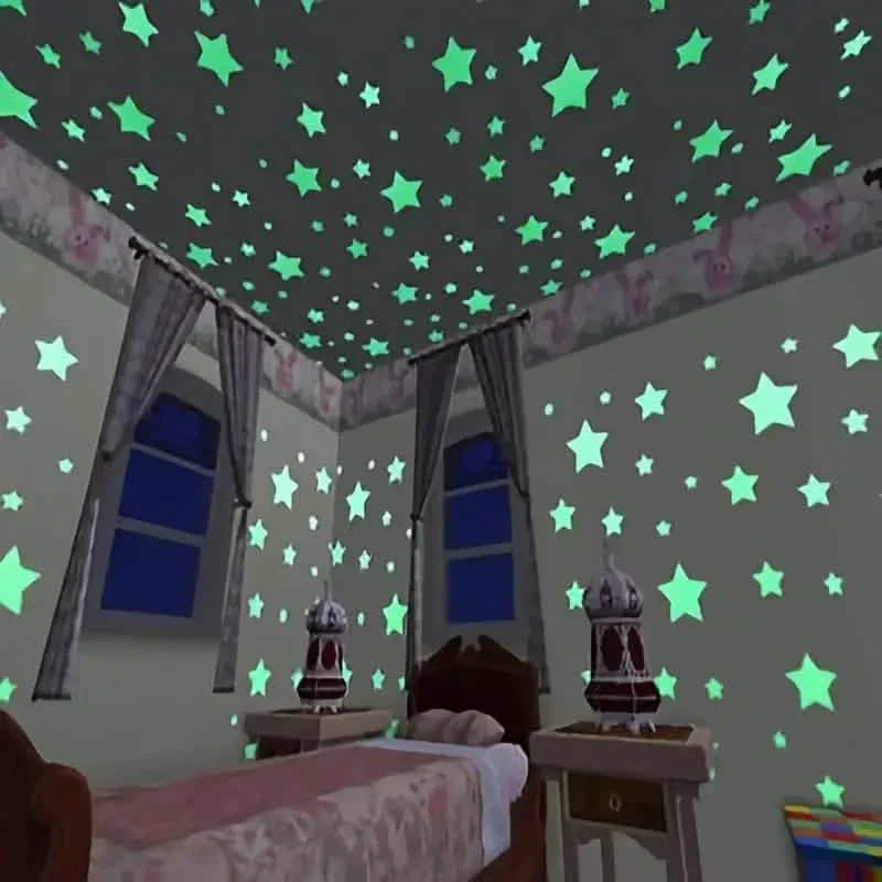100-Pieces: Glow-in-the-Dark Fluorescent Wall & Ceiling Star Stickers