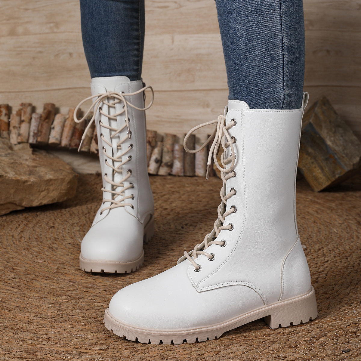 Women's Lace-Up Mid-Calf Combat Boots – Square Block Heel Lug Sole