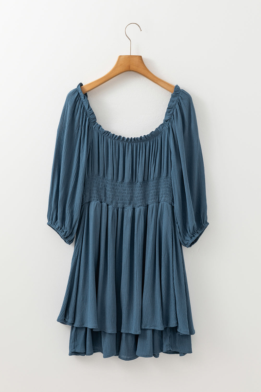 Minivestido Real Teal con cuello con volantes, manga tres cuartos y fruncido a capas