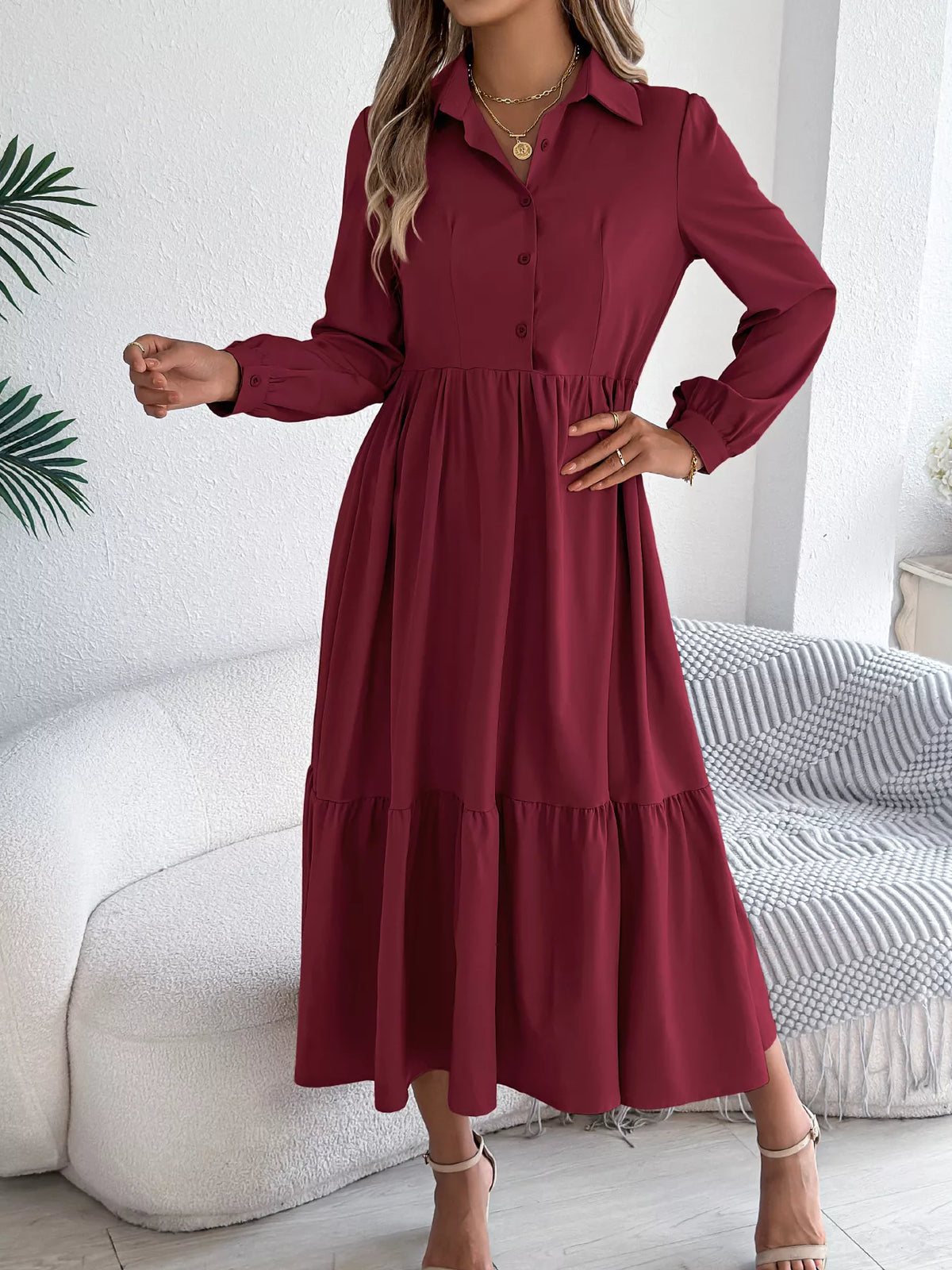 Long Sleeve Tiered Button Front Midi Dress