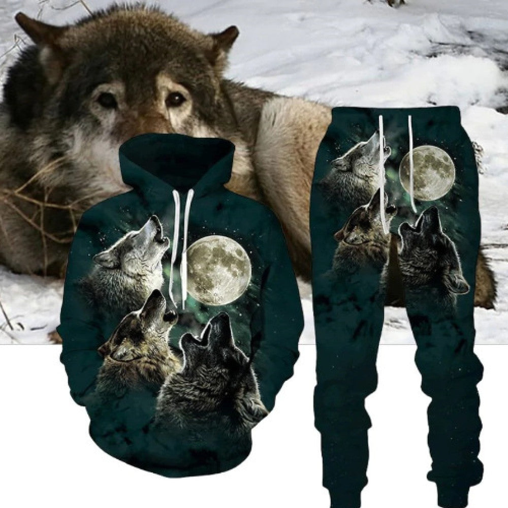 Traje de sudadera con capucha y pantalones con estampado digital de lobo para hombres y mujeres