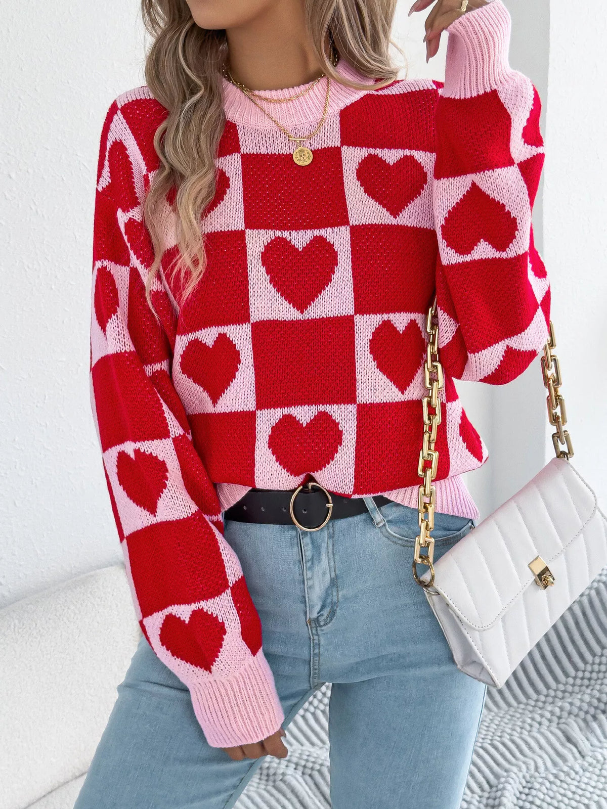Heart Checkerboard Pattern Round Neck Sweater