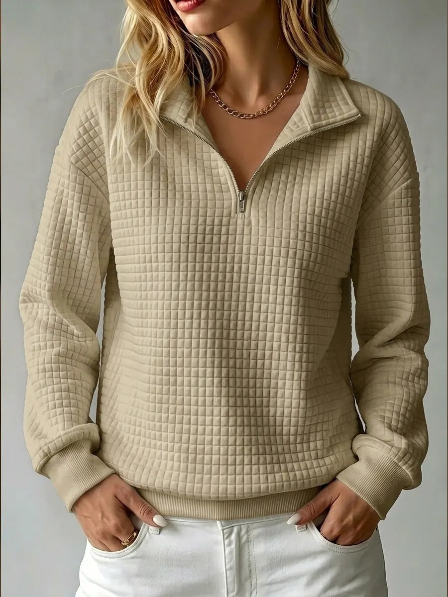 Loose-fit Waffle-knit Stand-collar Zip-up Long-sleeve Womens Sweatshirt
