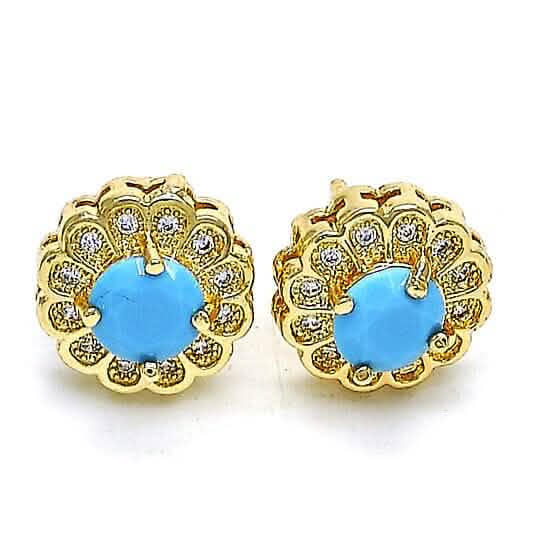 14k Gold Filled High Polish Finsh Turquoise Flower Stud Earring with Micro Pave