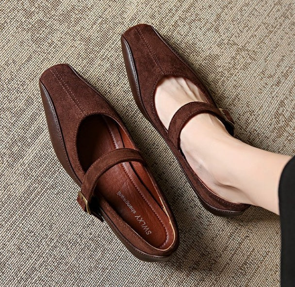 Women Stylish Vintage Mary Jane Shoes, French Soft Leather Low Cut Pumps, One Strap Block Heel Ladies Leather Shoes