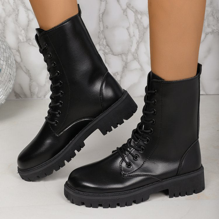 Square Toe PU Leather Lace Up Shoes - Women's Casual Flat Loafers for Daily Wear