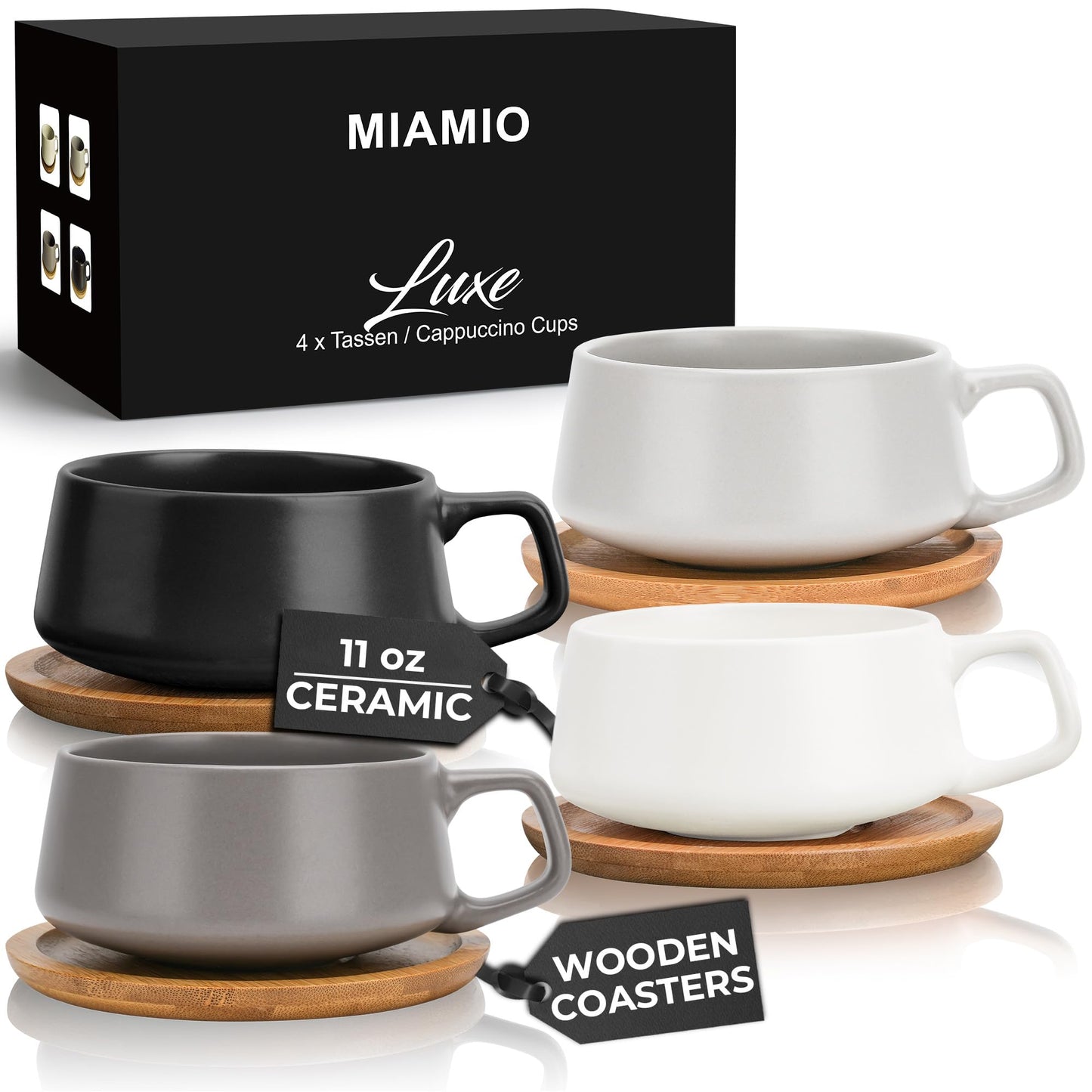 MIAMIO β 11 Oz. Set of 4 Ceramic Tea Cup and Saucer Bamboo/Tea Mug - Wide Cappuccino Cup Coffee Cups Ceramic Mug for Cappuccino Latte Espresso & Americano - Luxe Collection (Classic Pastel)
