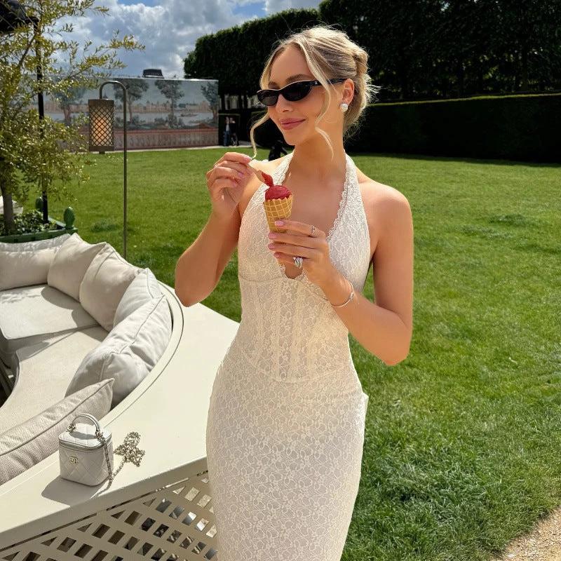 French Sexy Backless Lace Waist-tight V-neck Halter Fishtail Dress