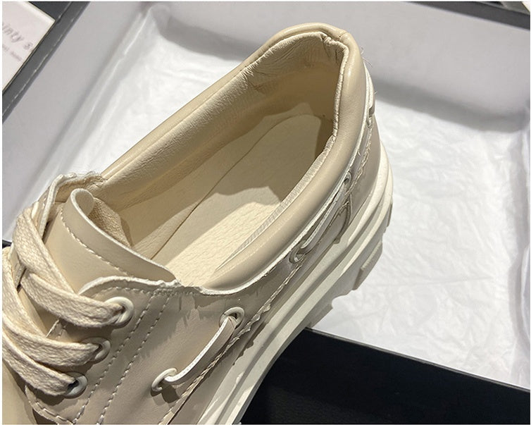 Flats Platform-Shoes Sole Chunky Round-Toe Beautoday Lace-Up Genuine-Cow-Leather Women