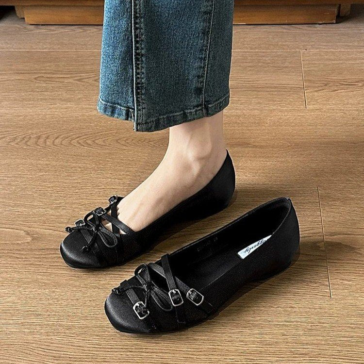 Women French Square Toe Bow Elevated Pumps, New Ballet Style Mary Janes Single Strap Shoes