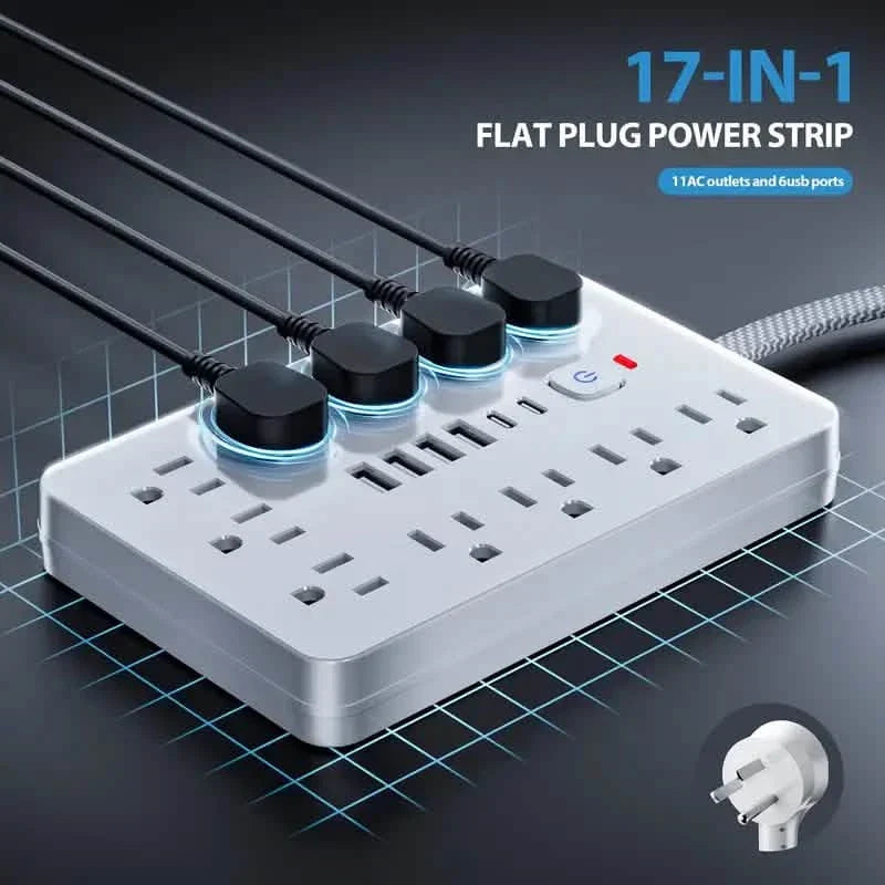 17-in-1 Surge Protector Power Cord 5Ft Braided Flat Extension Cable with 6 USB Chargers, 2 USB C, 11 AC Power Outlets