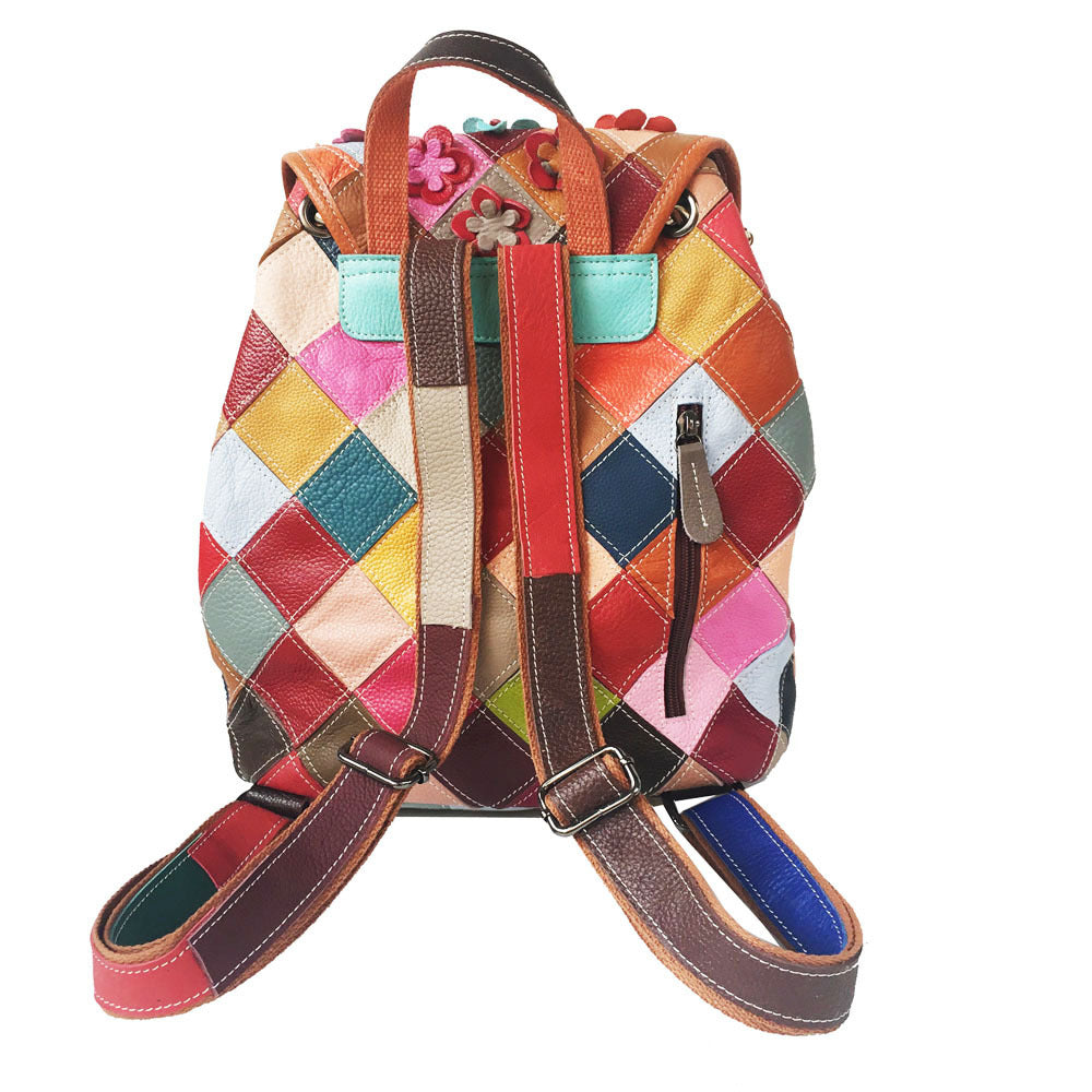 Stitching Rhombus Retro Women's Bag Leather Backpackage Backpack See size chart under “more details”