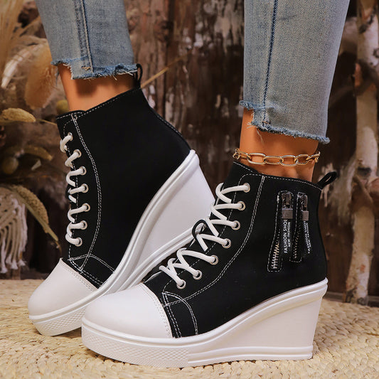 Women's Canvas Wedge Platform Lace-Up Sneakers