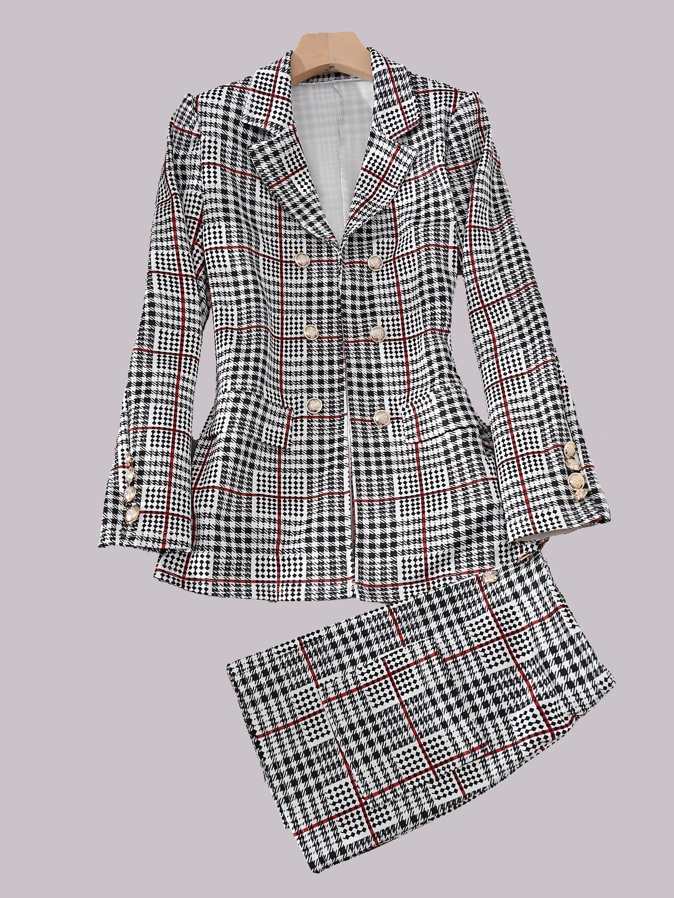 Traje de falda a cuadros de talla grande para mujer – Conjunto de dos piezas de blazer y falda de cintura alta