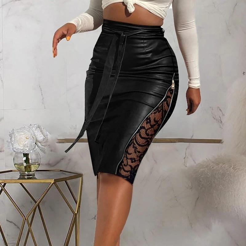 New Sexy Split Lace Stitching Slim-fit Lace Up Leather Skirt