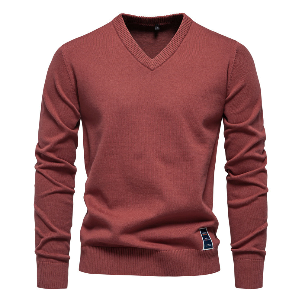 Autumn And Winter New Cotton Cross-border Trade Solid Color Sweater V-Neck Trendy Men's Sweater Men's Sweater