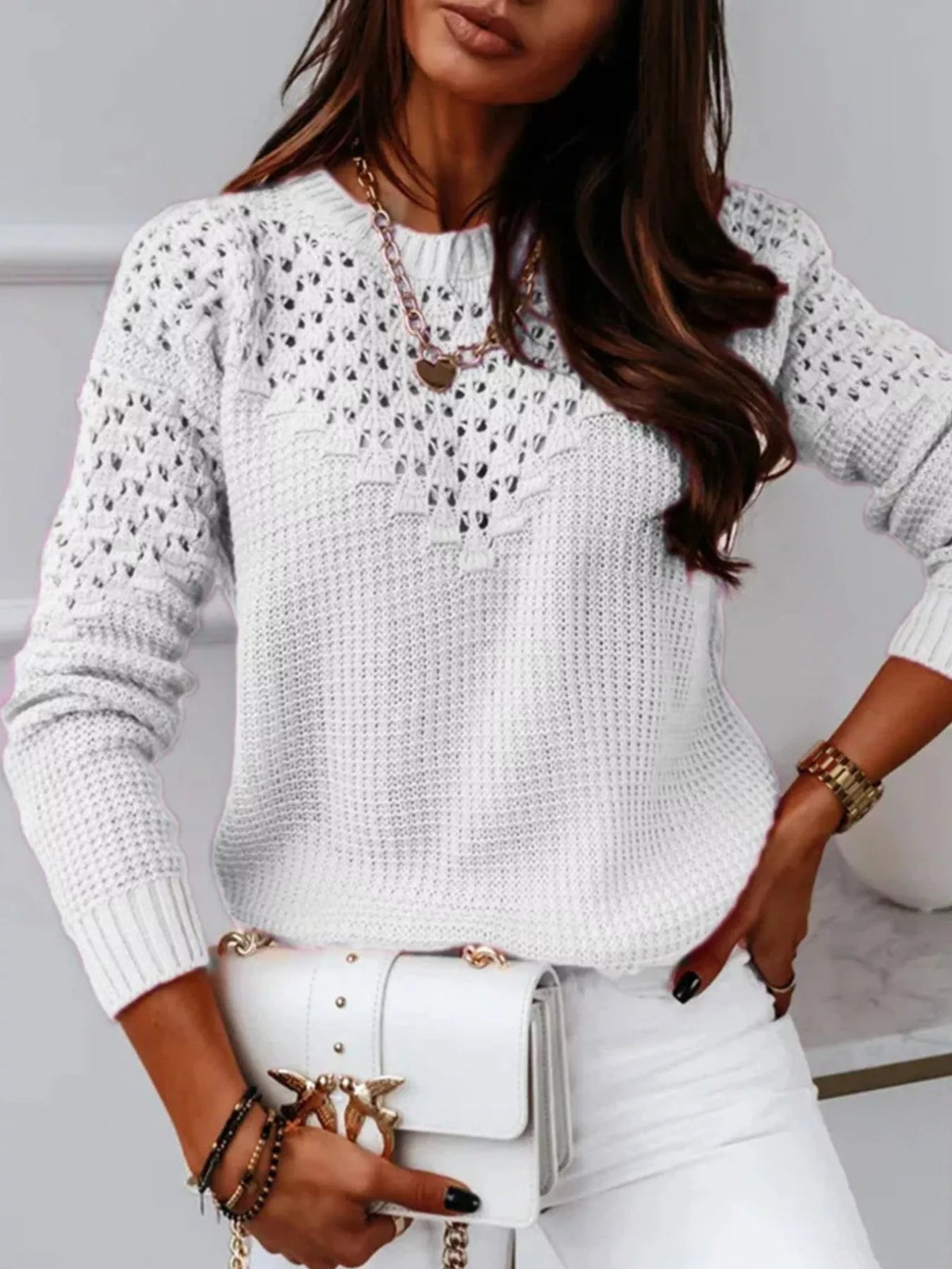 Textured Openwork Round Neck Sweater