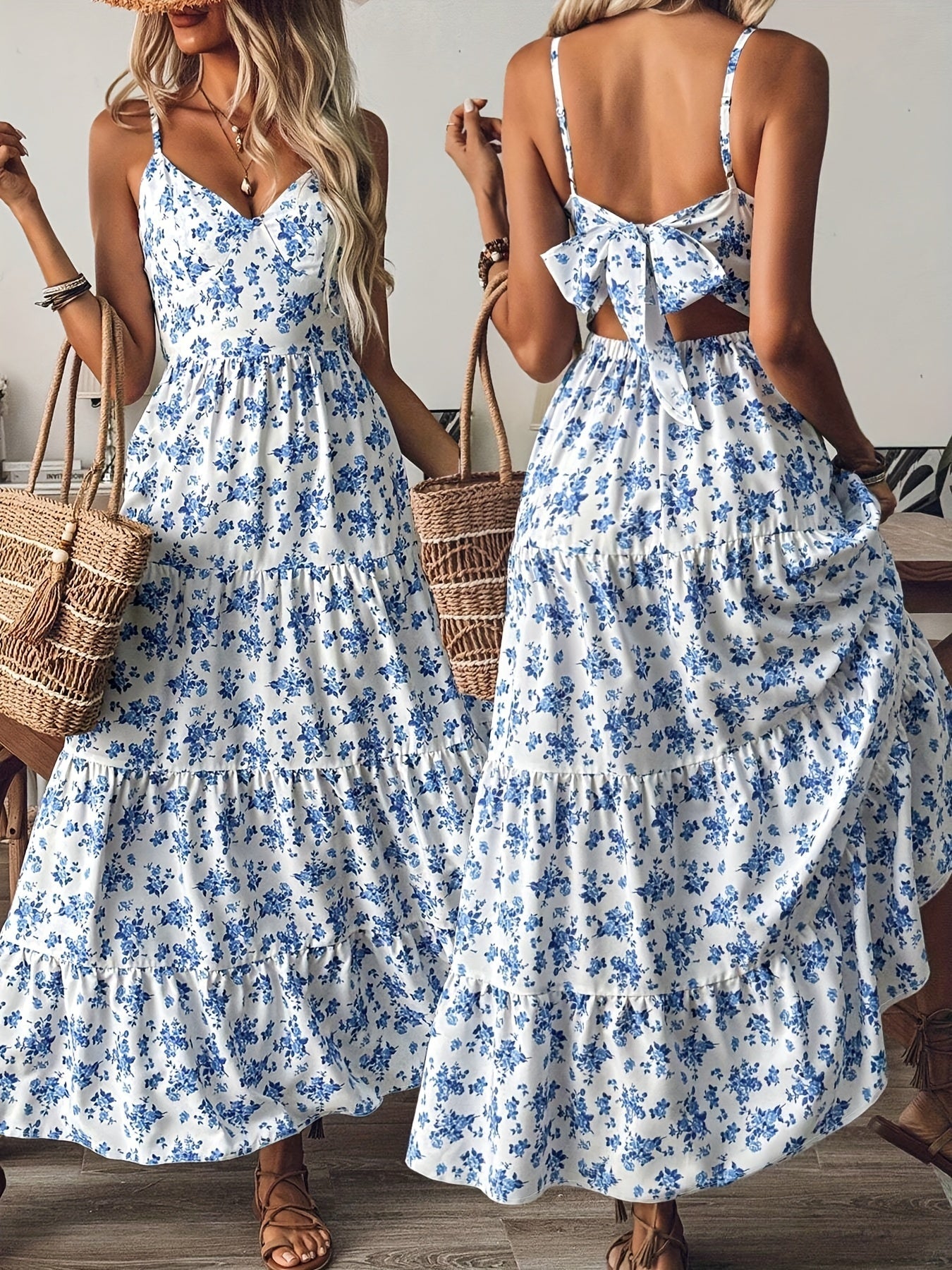 Maxivestido floral sin espalda para mujer – Vestido de tirantes con lazo y falda fluida