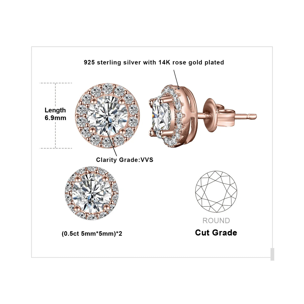 Round Moissanite Halo Stud Earrings in Sterling Silver