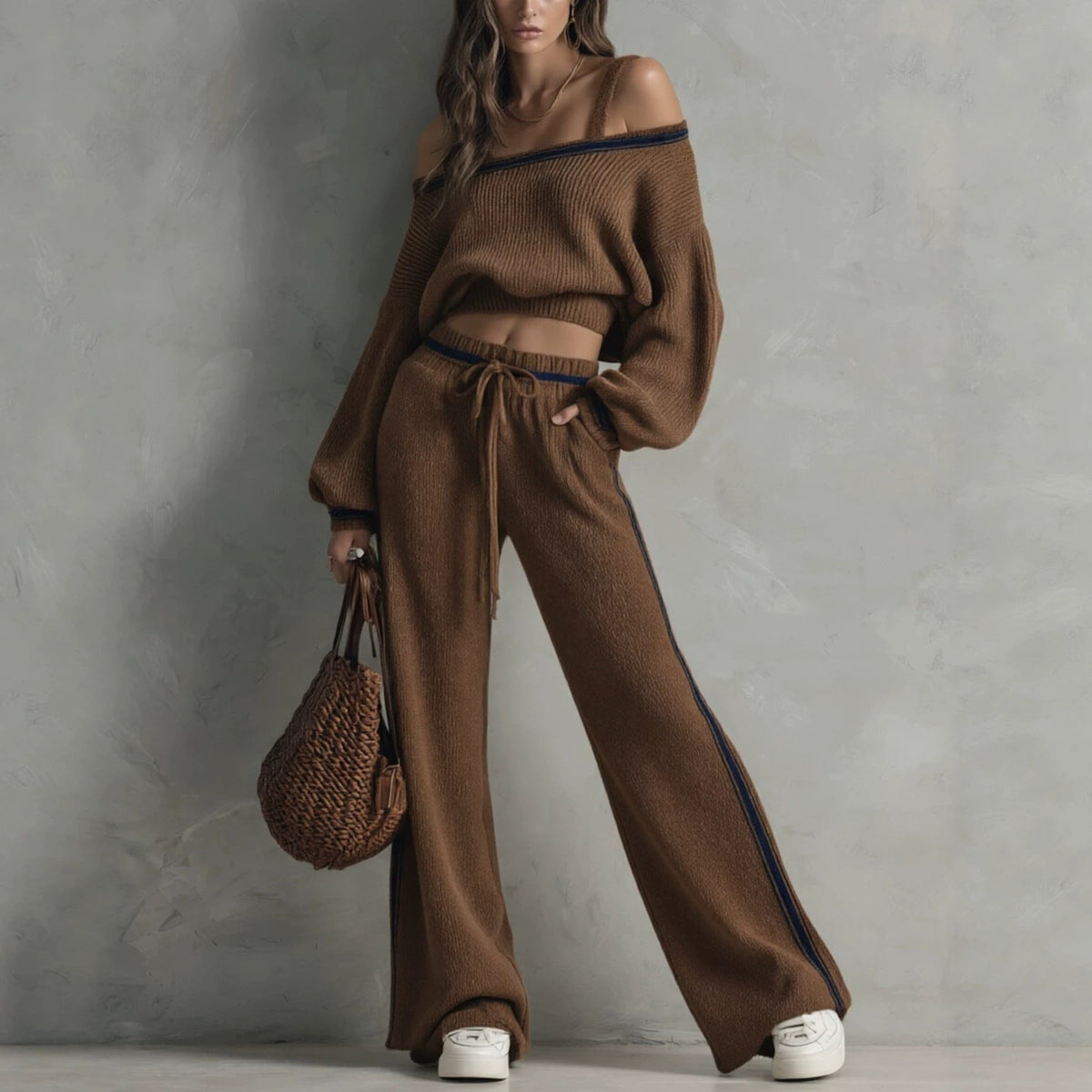 Arrival Eye-color Off-shoulder Sweater And Wide-leg Pants Two-piece Set