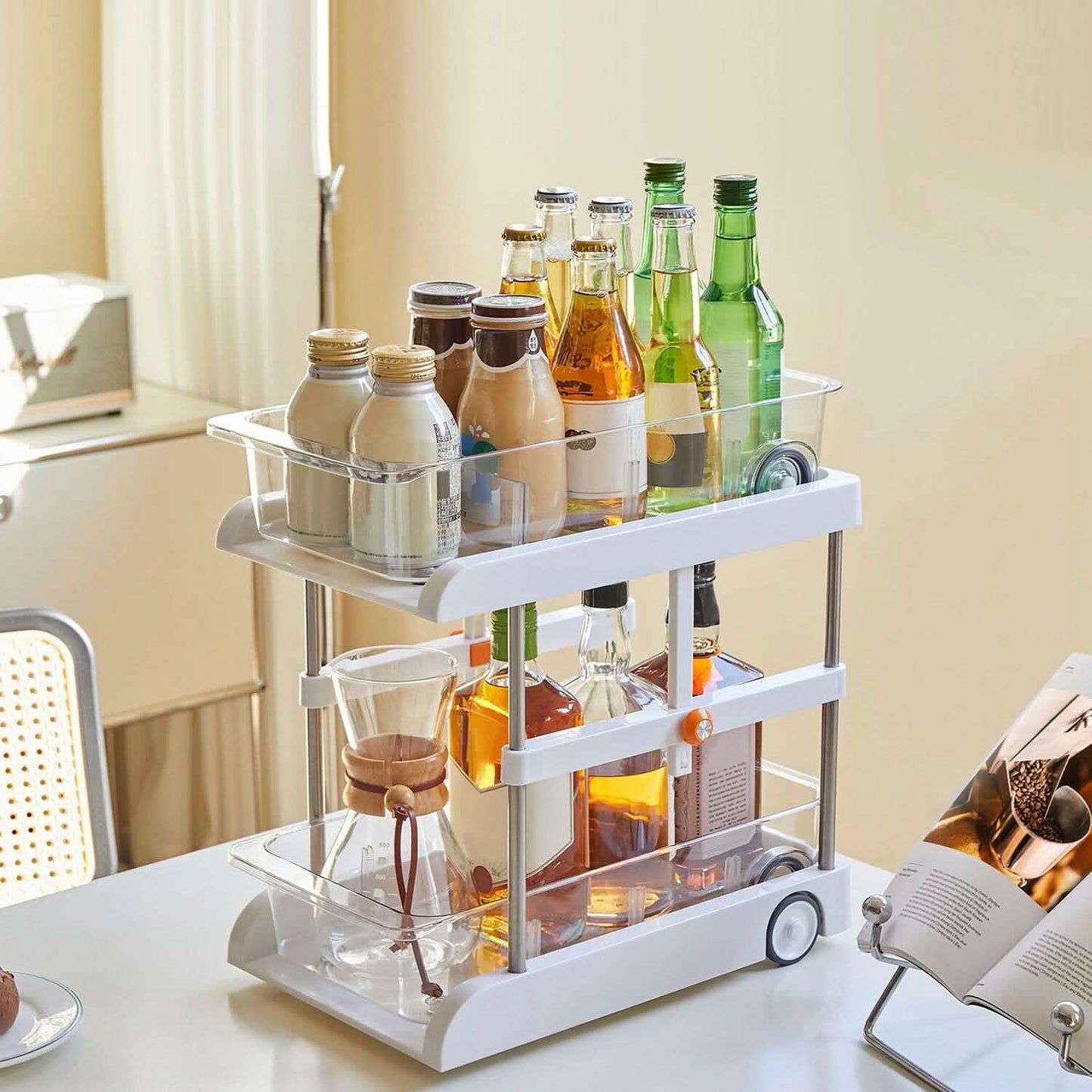 2-Tier Height Adjustable Under Sink Organizer with Flexible Wheels 2 Clear Trays
