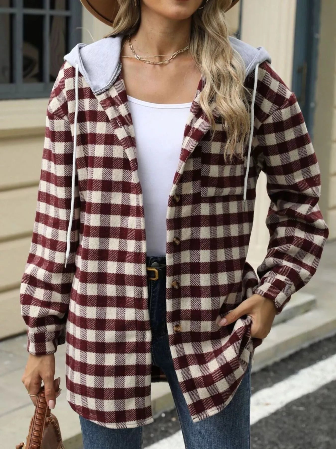 Plaid Button Up Long Sleeve Drawstring Hooded Jacket