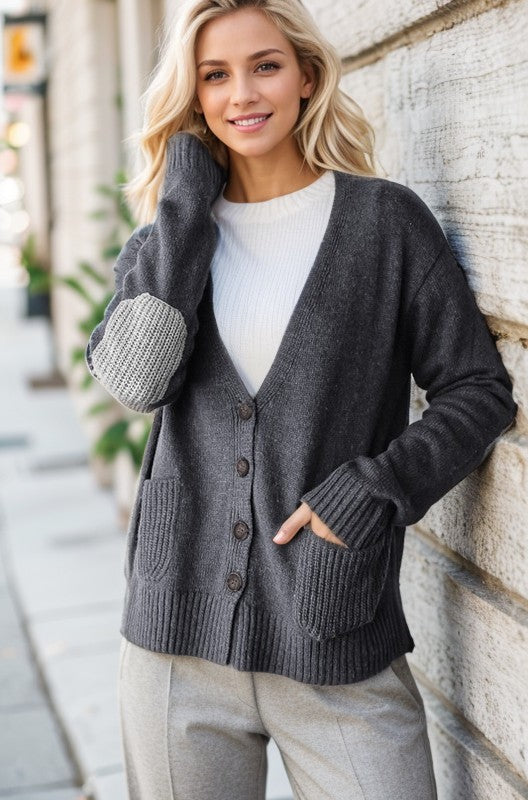 Cárdigan con botones, cuello en V y manga larga Heimish de talla completa