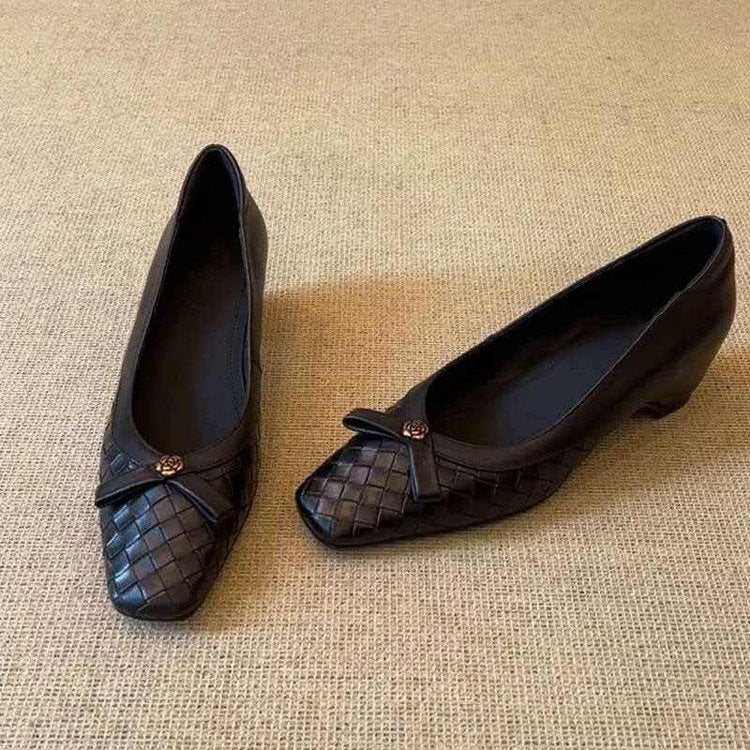 Women Slim Square Toe Inner Height Increase Flats, Slip-on Woven Bow Shallow Mouth Mary Jane Shoes