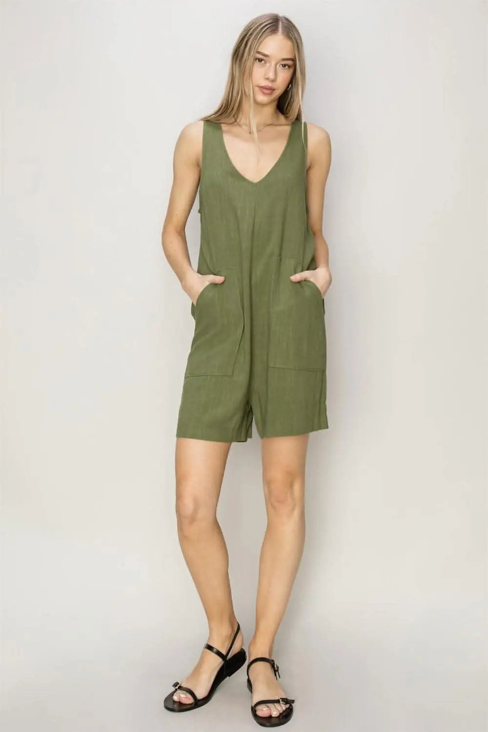 V-Neck Romper - Casual Summer Jumpsuit with Pockets