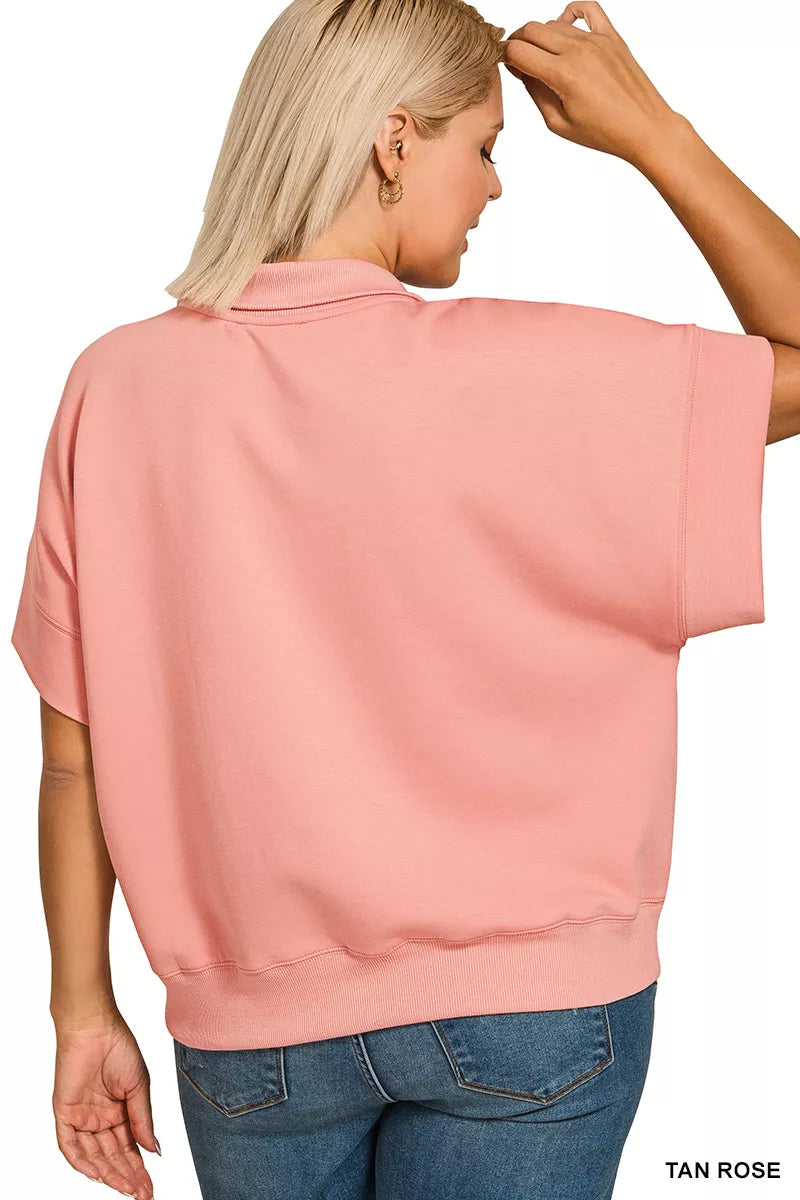 Zenana Full Size Scuba High Neck Half Zip Short Sleeve Top Plus Size in Tan Rose