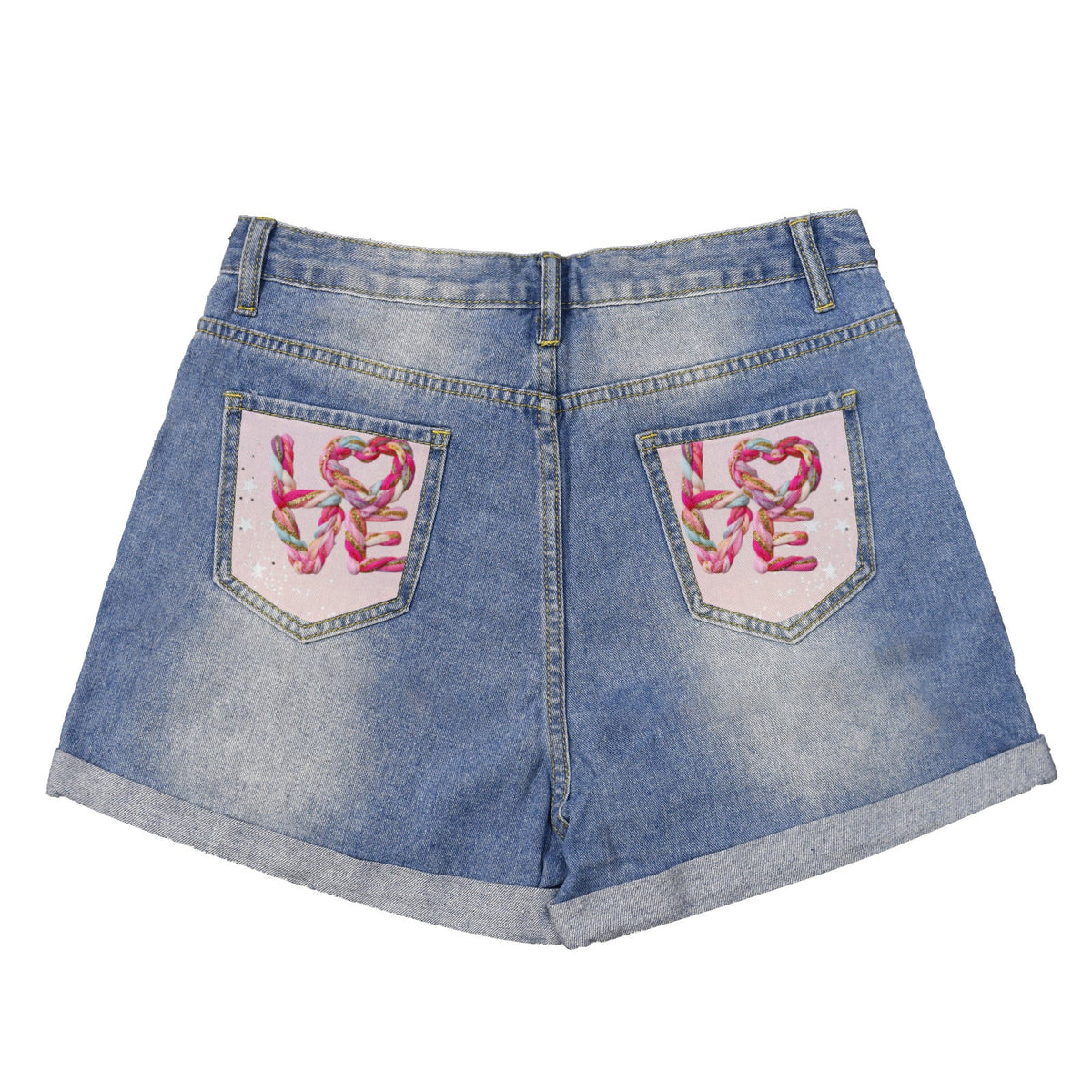 Latch Hook Yarn Love Light Blue Denim Shorts with Dual Pockets Design
