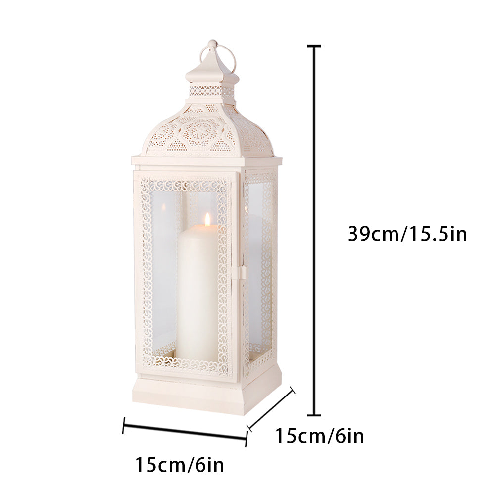 Rustic Metal Decorative Candle Lantern Hanging Candle Holder with Tempered Glass(White)